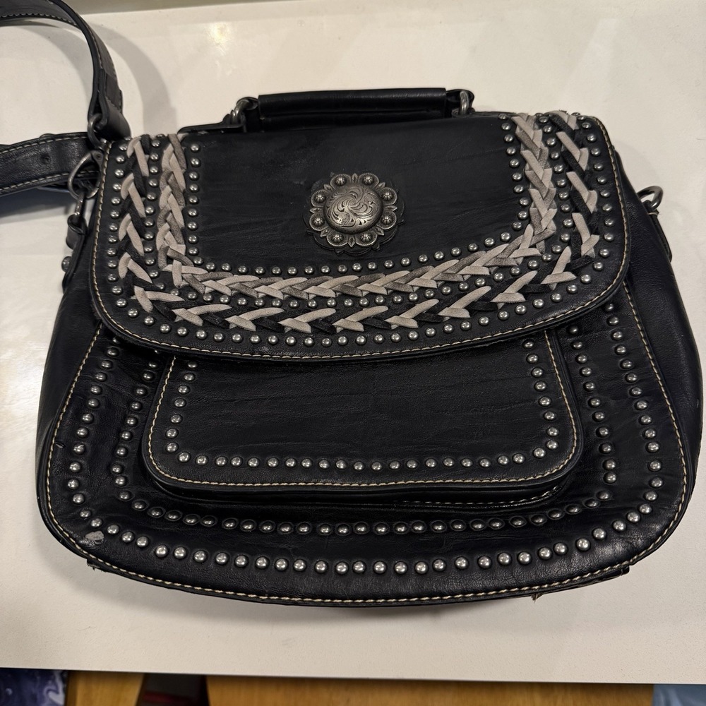 MONTANA WEST Black Beige Western Shoulder Bag Braided Studded Concealed Carry